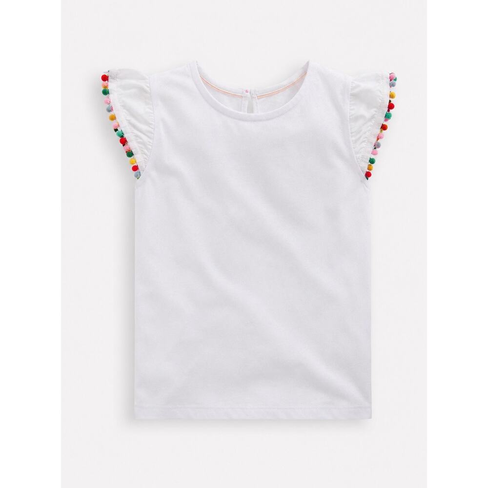Mini Boden Girls White Pom Pom Flutter Sleeve Tee 6-7Y